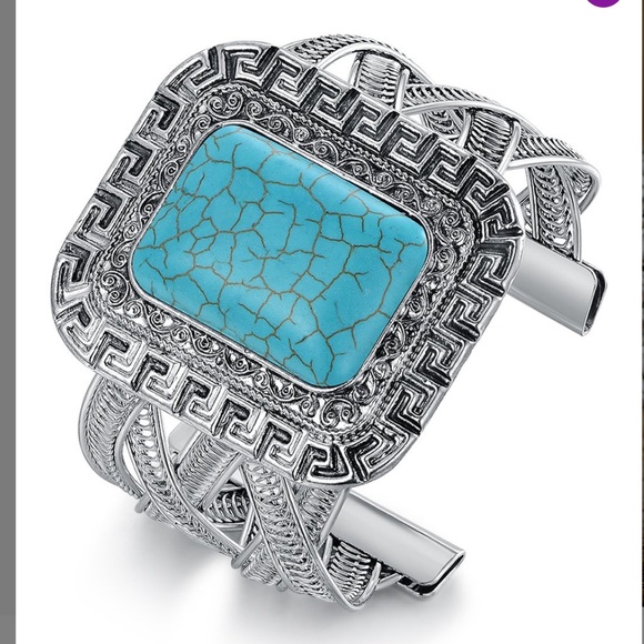 Sevil Designs- Greek Key Cuff- Reconstituted Turquoise Silvertone bracelet. NWT - Picture 1 of 3